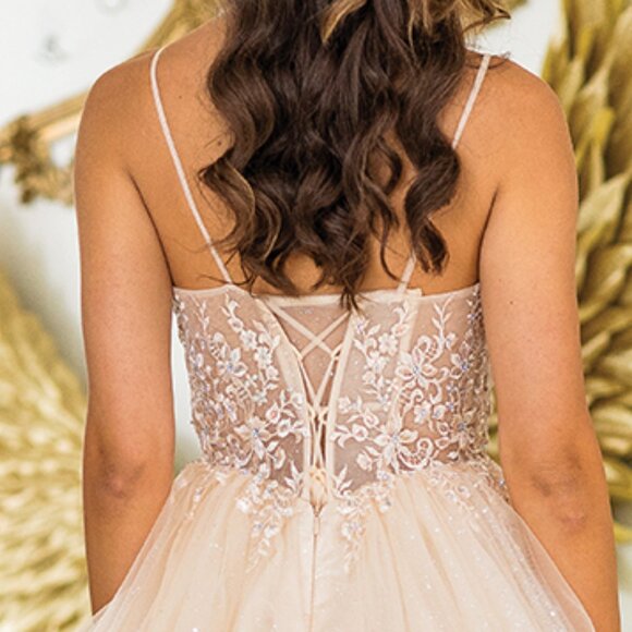 New Romantic Blush Prom Tulle Dress w/ Layered Skirt & Sweetheart Neck DQ 3411 - Picture 5 of 9